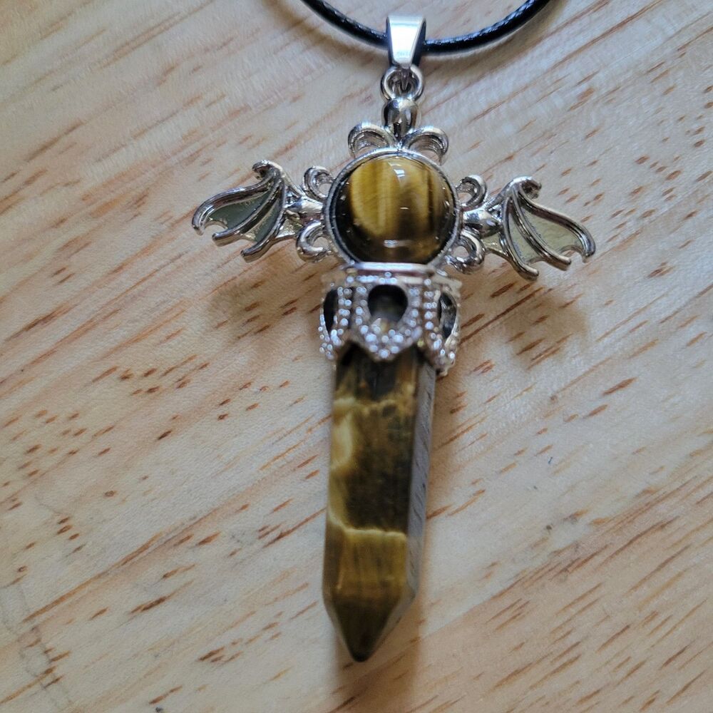 Tiger Eye Crystal Cross Pendant Necklace Black Cord